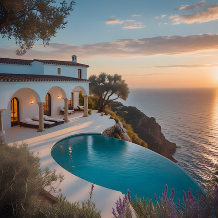 Beautiful villa on the cliff at sunset. Toned.の素材