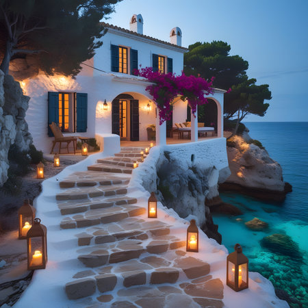 Beautiful house on the coast at sunset. Santorini, Greeceの素材