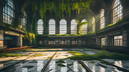 3D render of an old abandoned train station in the city.の素材