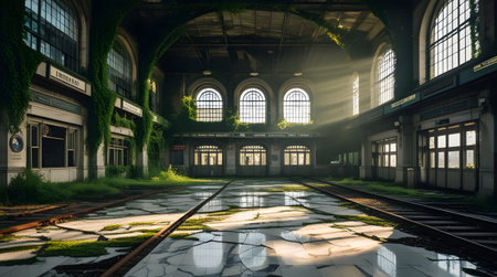 Interior of an old industrial building with green plants in the foregroundの素材