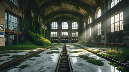 Abandoned train station in a foggy day. 3d renderingの素材