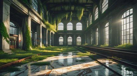Abandoned industrial interior with green moss. 3D Renderingの素材