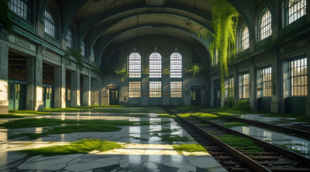 Interior of an old train station with green grass in the foregroundの素材