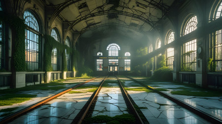 3d rendering of an old abandoned train station with a long exposureの素材