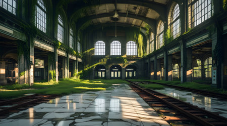 3d render of an old abandoned train station building with a large windowの素材