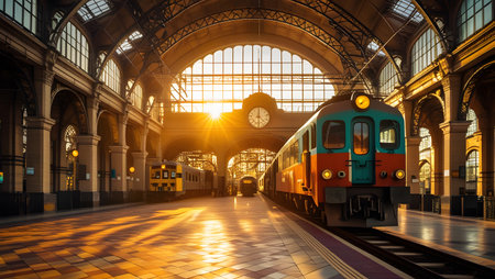 Train in railway station at sunset, London, England, UK.の素材