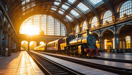 Train in the railway station at sunset. Railway station in Europe.の素材