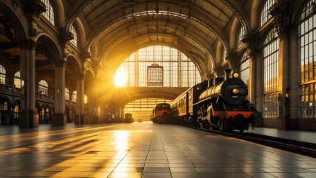 Train in the railway station at sunset, 3d render illustration.の素材