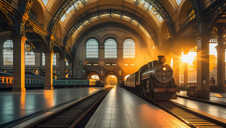 Train and train station in Hamburg, Germany. Railway station in Hamburg, Germany.の素材