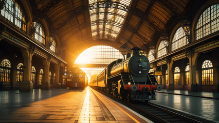 Train in the railway station. Railway station in the evening light.の素材