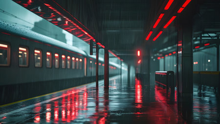 Railway station platform at night with red lights. Motion blur.の素材