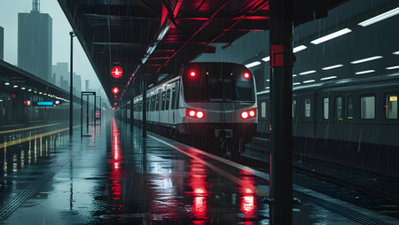Train in the subway station at night. 3d render illustration.の素材
