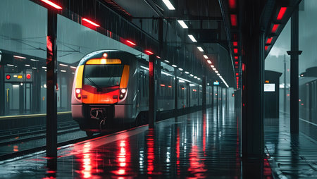 Modern high speed train in the city at night. 3d renderingの素材