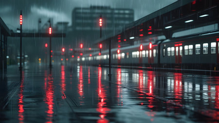 Rainy day at the train station in Moscow, Russia. 3D renderingの素材