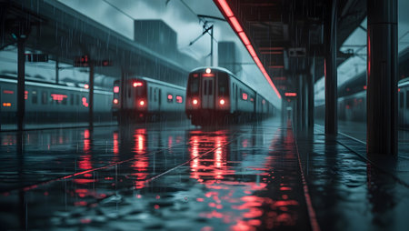 Train in the rain. Blurred motion. Shallow depth of field.の素材