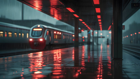 Train arriving at the station in the rain. Blurred background.の素材