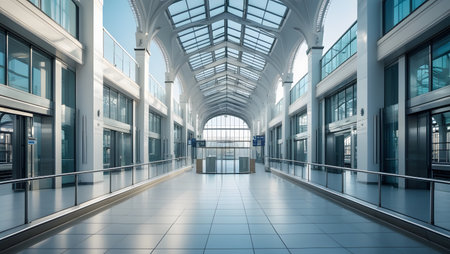 Interior of modern office building, wide angle view with glass wallsの素材