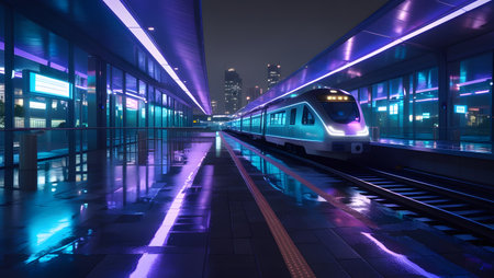 modern high speed train at night in shanghai,China.の素材