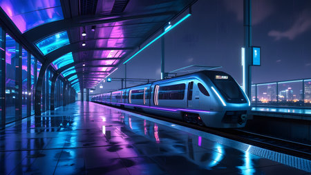 modern high speed train in the city at night. 3d renderingの素材