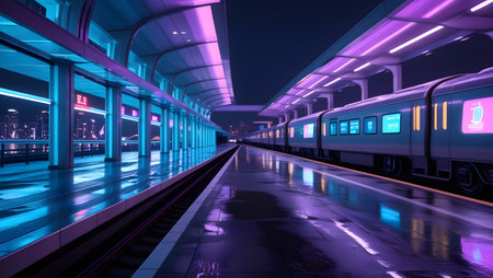 Train on the platform at night in the city. 3d renderingの素材