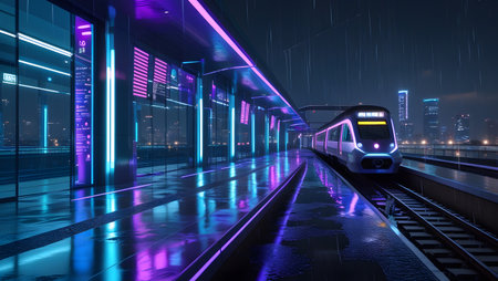 High-speed train in the city at night. 3D renderingの素材