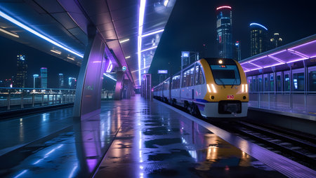 modern high speed train at night in shanghai china.の素材