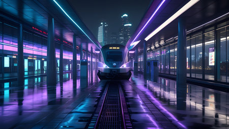 High speed train in the city at night. 3D rendering.の素材