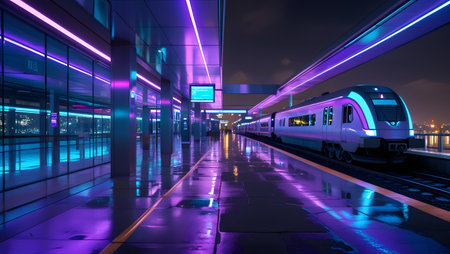 High speed train in the city at night. 3d rendering.の素材