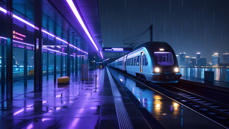 Modern high speed train in the city at night. 3D renderingの素材