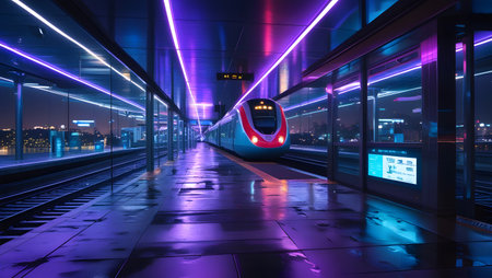High speed train in the modern city at night. 3D renderingの素材