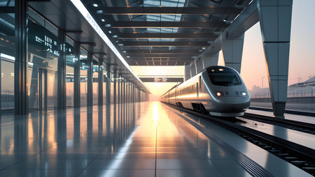 High speed train in the train station at sunset. 3d renderingの素材