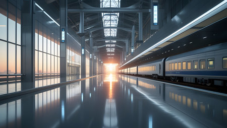 Train moving in the train station at sunset. 3d rendering.の素材