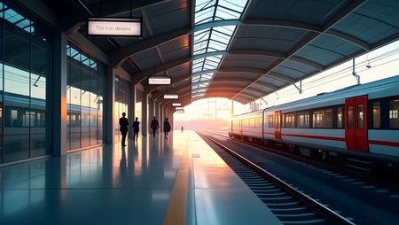 3d render of a train arriving at the station in the eveningの素材