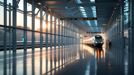 Modern high speed train in airport terminal at sunrise. 3D renderingの素材