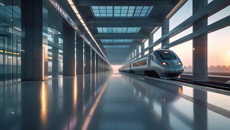 High speed train in the corridor of modern office building. 3D renderingの素材