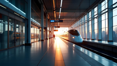 High-speed train in modern airport terminal at sunset. 3D renderingの素材