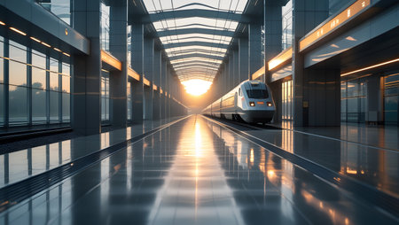 High speed train in the modern airport at sunset. 3d renderingの素材