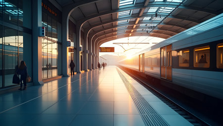 passenger train in the station at sunrise. 3d rendering.の素材