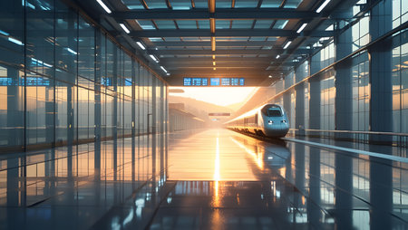 3d rendering of high speed train in the airport corridor at nightの素材