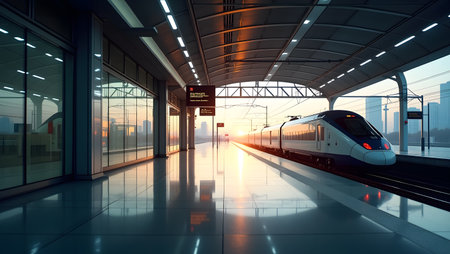 high speed train in modern train station at sunset,3d renderingの素材