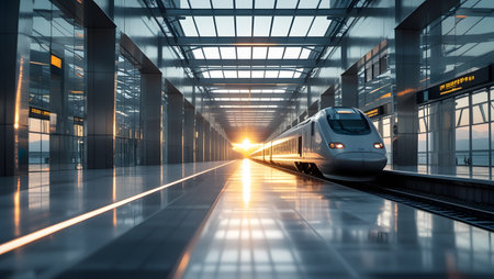 High-speed train in the modern airport terminal at sunset. 3D renderingの素材
