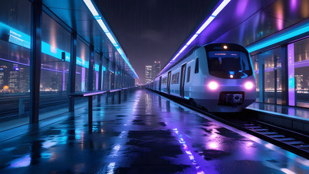 High speed train in the city at night,3d rendering. Computer digital drawing.の素材