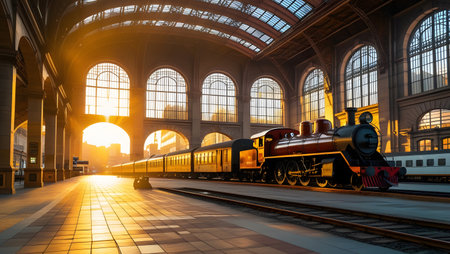 Train in the old train station at sunset. 3D rendering.の素材