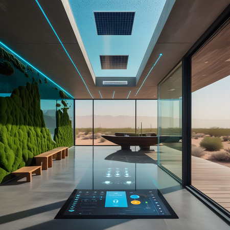 Modern interior of the room with a glass wall, a wooden floor and a panoramic view of the desert. 3d renderingの素材