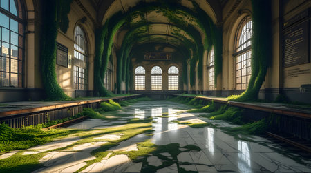 3D CG rendering of Abandoned building with green walls and floorの素材