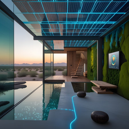 3d rendering of modern house with pool and solar panels on the wallの素材