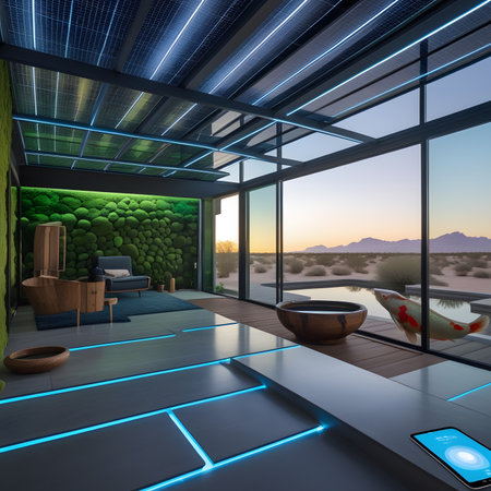 3D rendering of a modern living room with a panoramic windowの素材