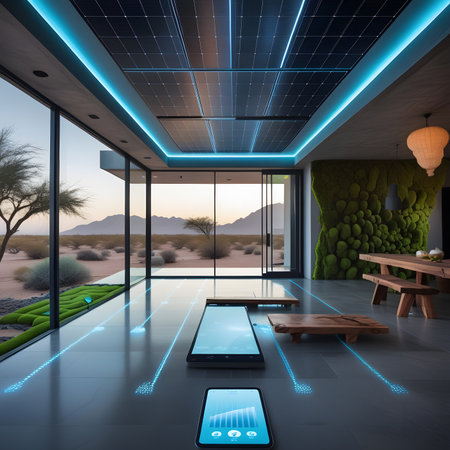Smartphone charging with solar panels in modern interior. 3D renderingの素材