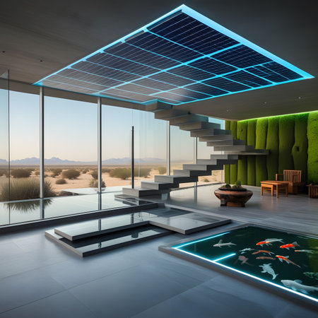 3d rendering of modern house interior with solar panels on the wallの素材