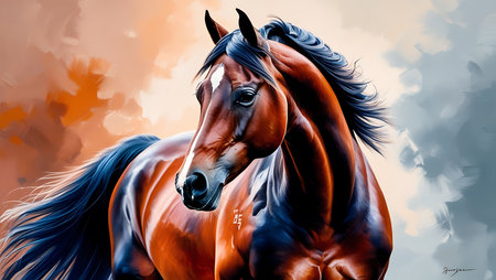 Beautiful bay horse with long mane portrait. Digital painting.の素材